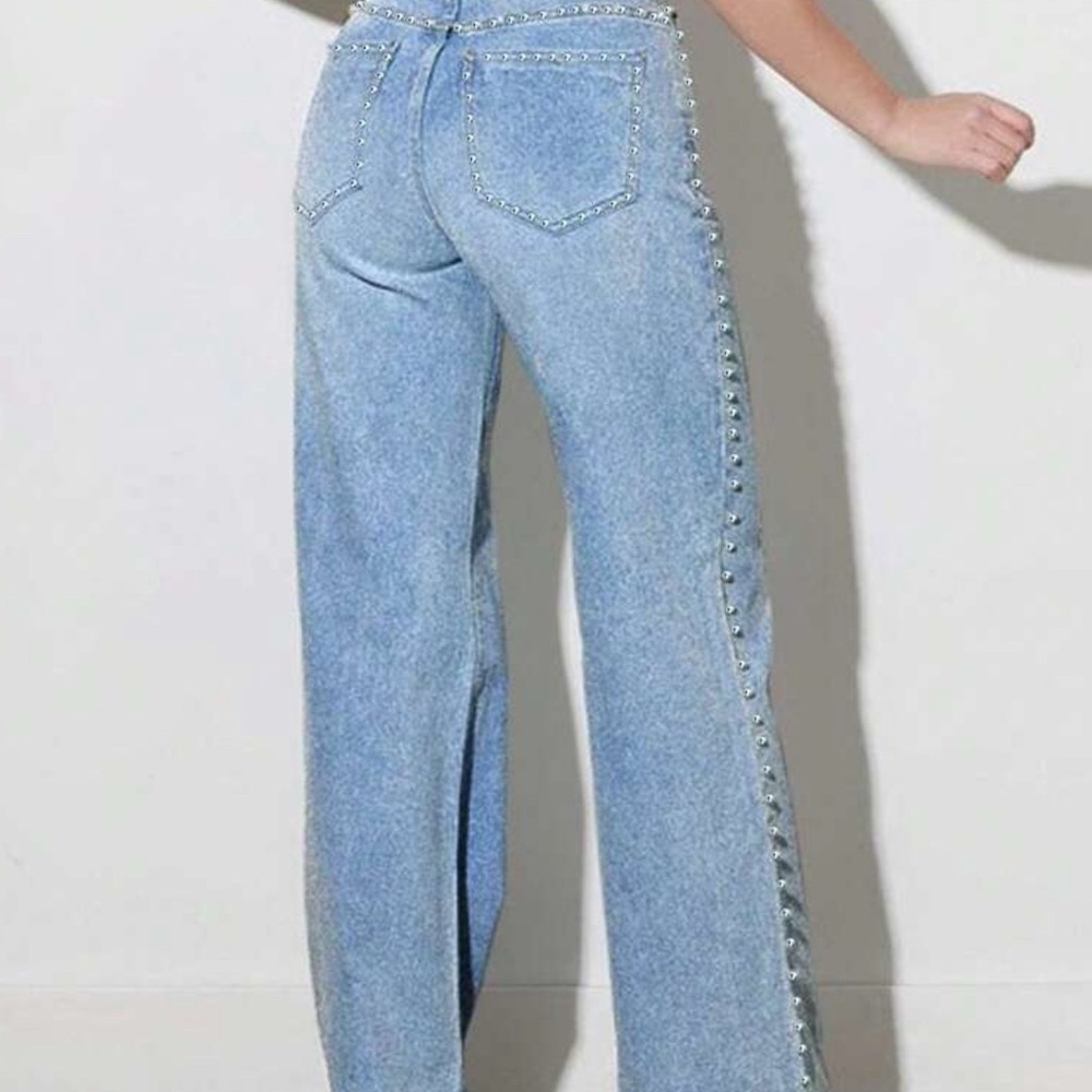 Women's Light Blue Flared Jeans with Silver Stud Accents - Picture 6 of 12